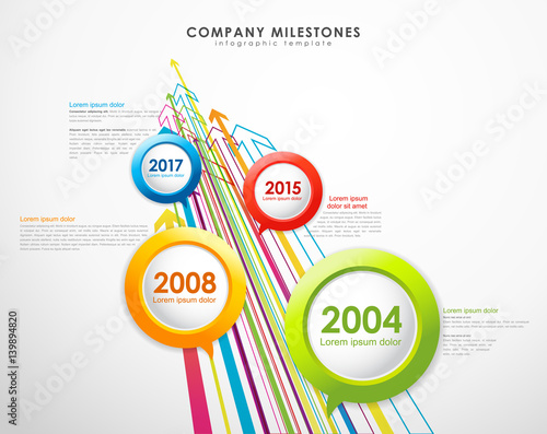 Infographic company milestones timeline vector template with arrows.