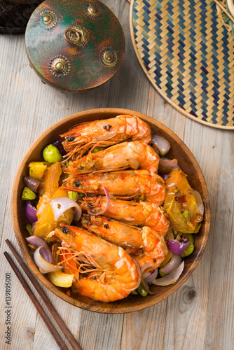 chilli prawns in traditional setting