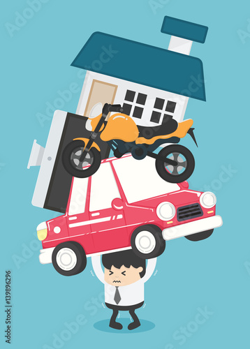 Concept  businessman bearing debt & Luxuries