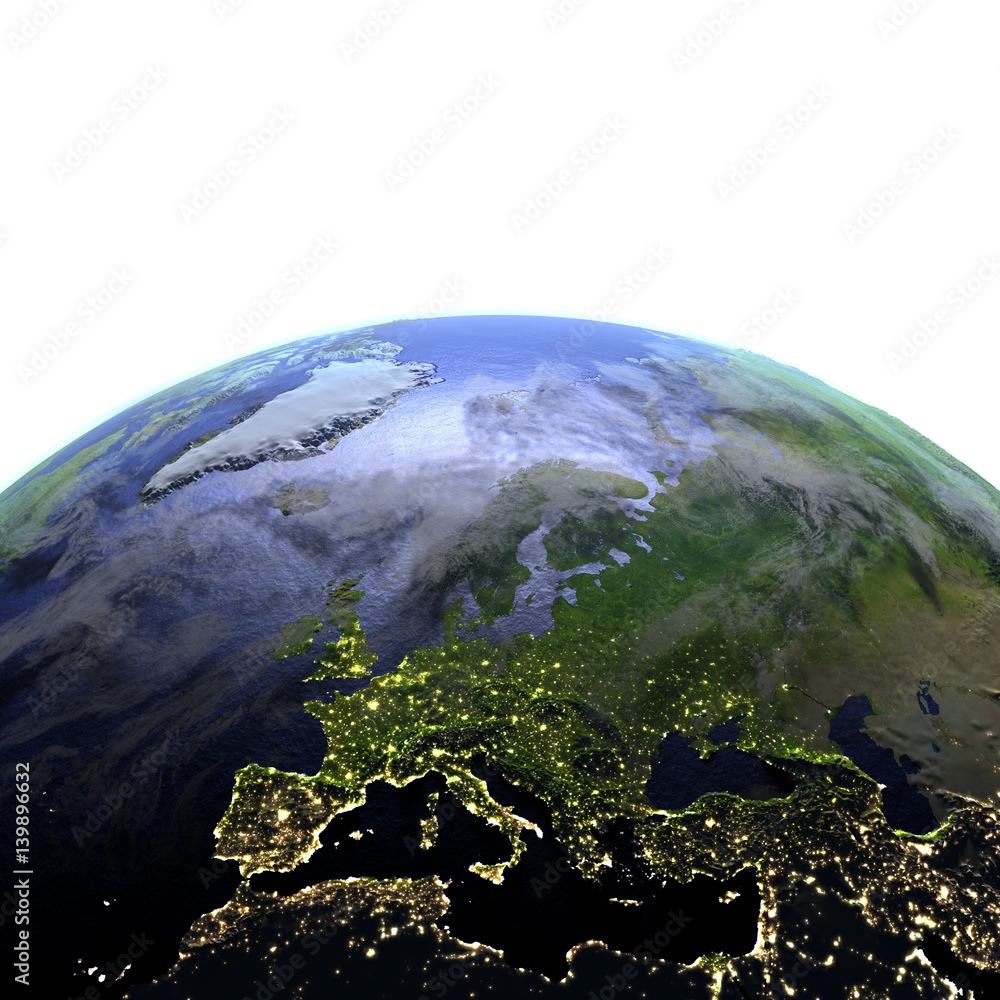 Europe at night on realistic model of Earth