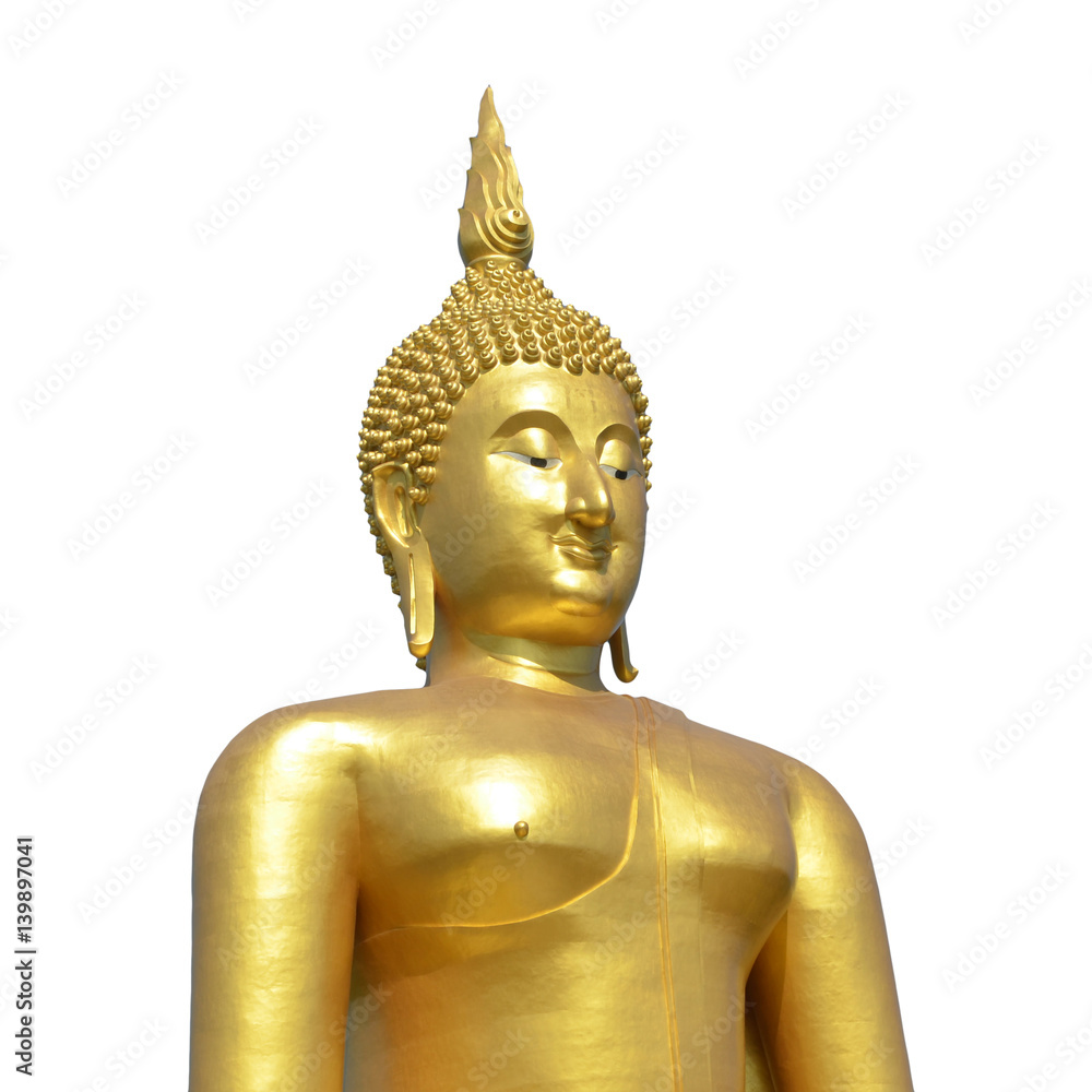 Golden Buddha statue isolated on white, at Wat Muang in Angthong, Thailand