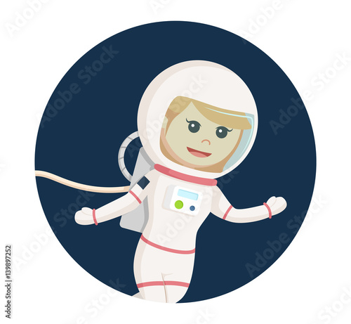 astronaut girl flying in space in circle background