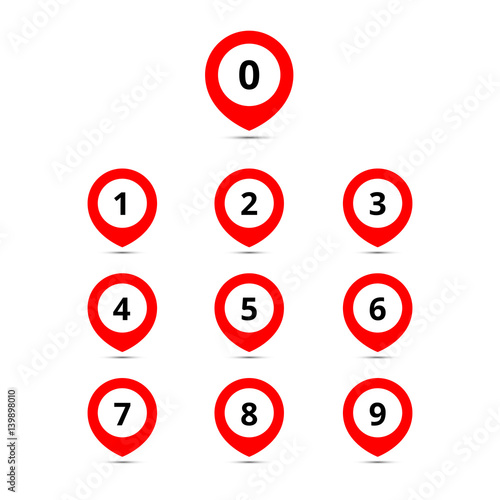 Map point set icons with numbers. Vector coloful illustrations.