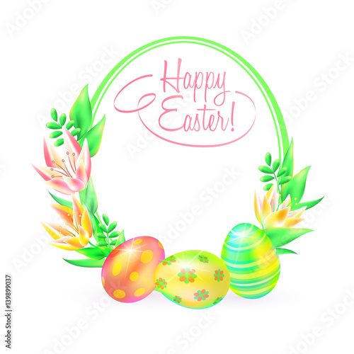 Festive vector ground. Happy Easter. Easter eggs and flower in white background. Frame and space for text. Design a paschal greeting card or banner.