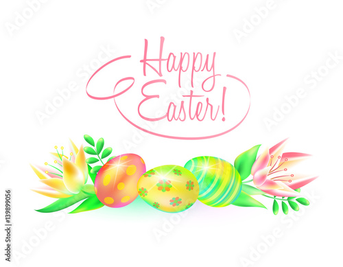 Festive vector ground. Happy Easter. Easter eggs and flower in white background. Design a paschal greeting card or banner.