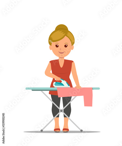 Cartoon woman housewife ironing clothes on iron board.