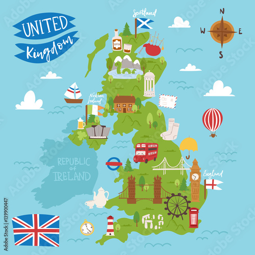 Valokuvatapetti United kingdom great britain map travel city tourism transportation on blue ocean europe cartography and national landmark england famous flag vector illustration
