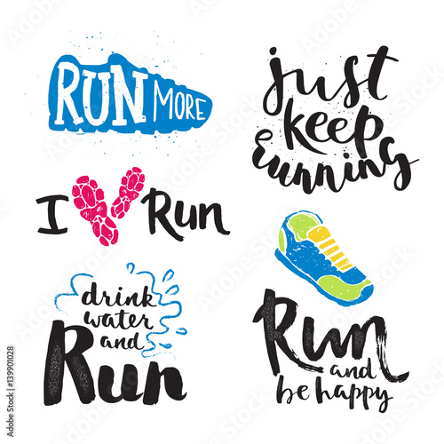 Running marathon logo jogging emblems label and fitness training athlete symbol sprint motivation badge success work isolated vector illustration.
