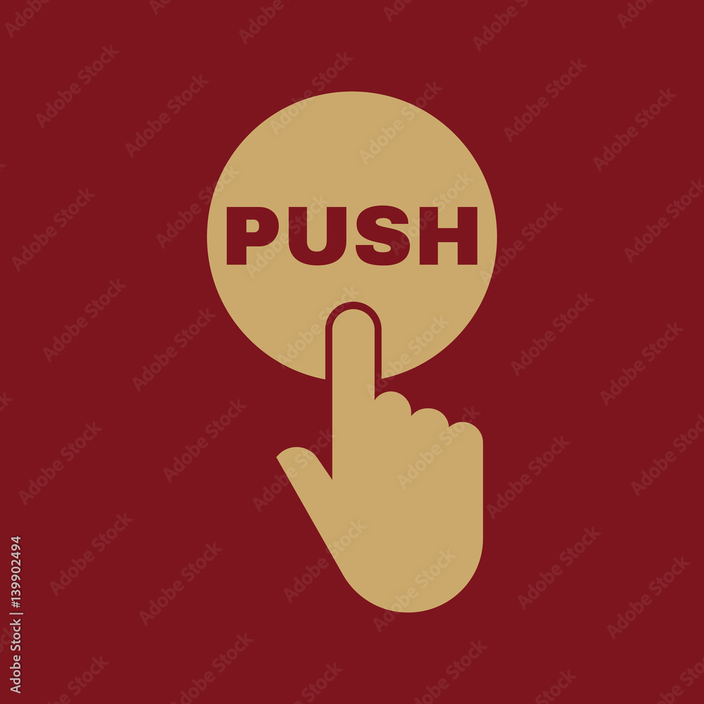 Hand pressing a button with the text PUSH icon. Tap, click, touch symbol. Flat design. Stock - Vector illustration Hand pressing a button with the text PUSH icon. Tap, click, touch symbol. Flat design. Stock - Vector illustration