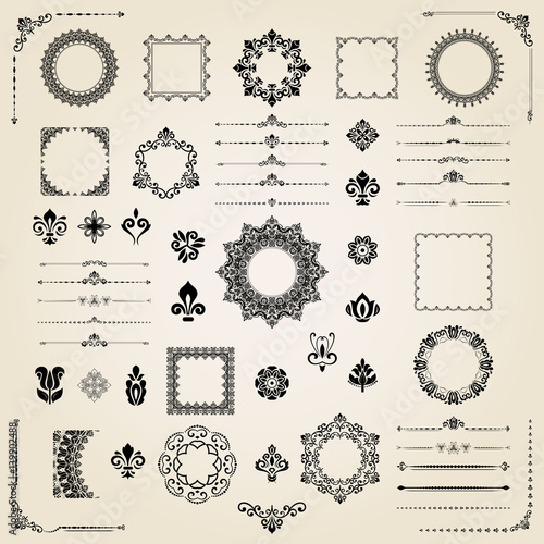 Vintage set of classic elements. Different elements for decoration and design frames, cards, menus, backgrounds and monograms. Collection of floral ornaments