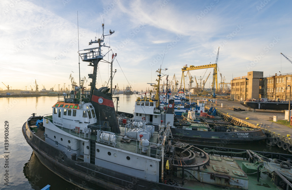 Szczecin ,Poland-January 2017:industrial areas of the former shipyard in Szczecin in Poland, currently being revitalized Szczecin ,Poland-January 2017:industrial areas of the former shipyard in Szczecin in Poland, currently being revitalized