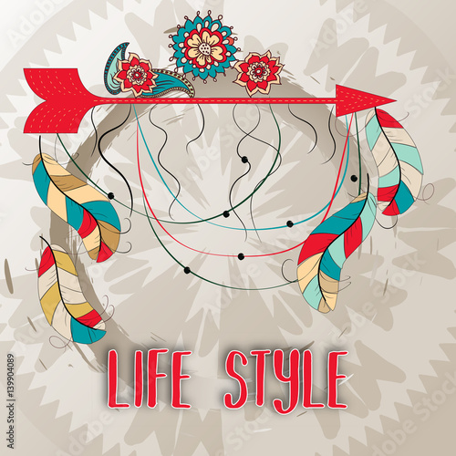 The postcard is decorated in Boho style. Flowers, feathers, wigwam and dreams catcher.
