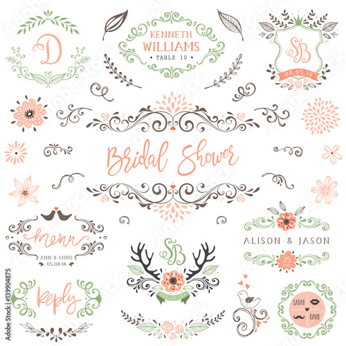 Fényképezés Hand drawn rustic Bridal Shower and Wedding collection with typographic design elements
