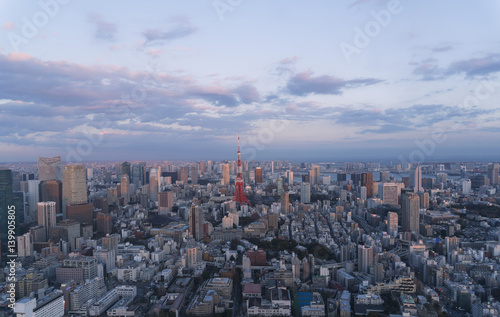 東京都市風景 夕暮れ 東京タワーと都心の街並 浜松町 晴海 汐留 豊洲