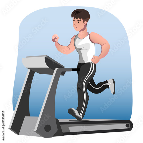 Young adult man running on treadmill