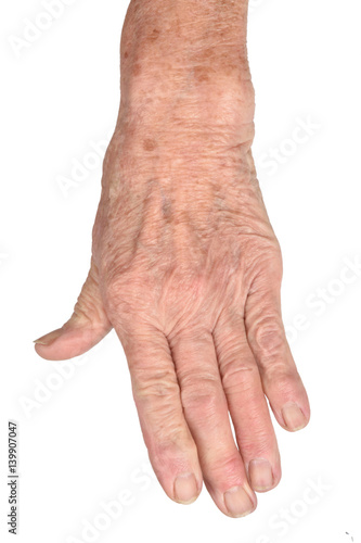 Hands of senior woman isolated on white