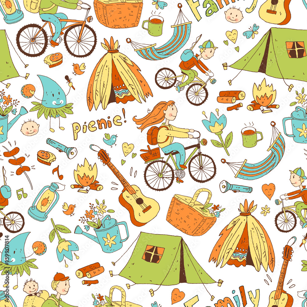 Vector seamless pattern with cute doodle family. Equipment for c