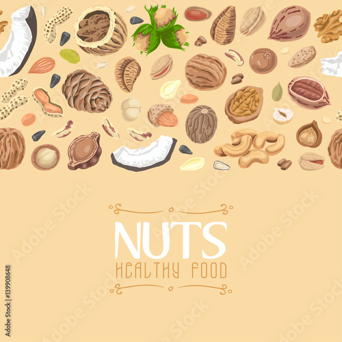 Horizontal seamless background with colored nuts and seeds