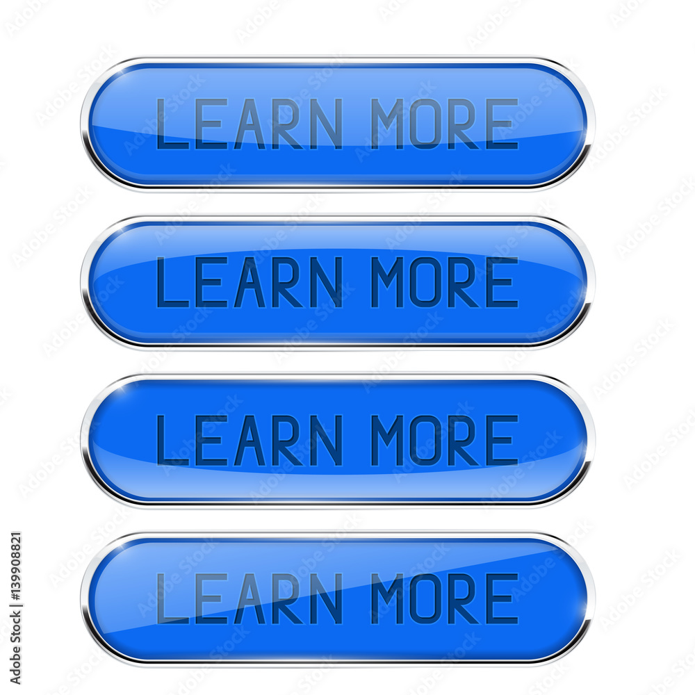 LEARN MORE blue oval buttons. Set of glass icons with chrome frame and reflection LEARN MORE blue oval buttons. Set of glass icons with chrome frame and reflection