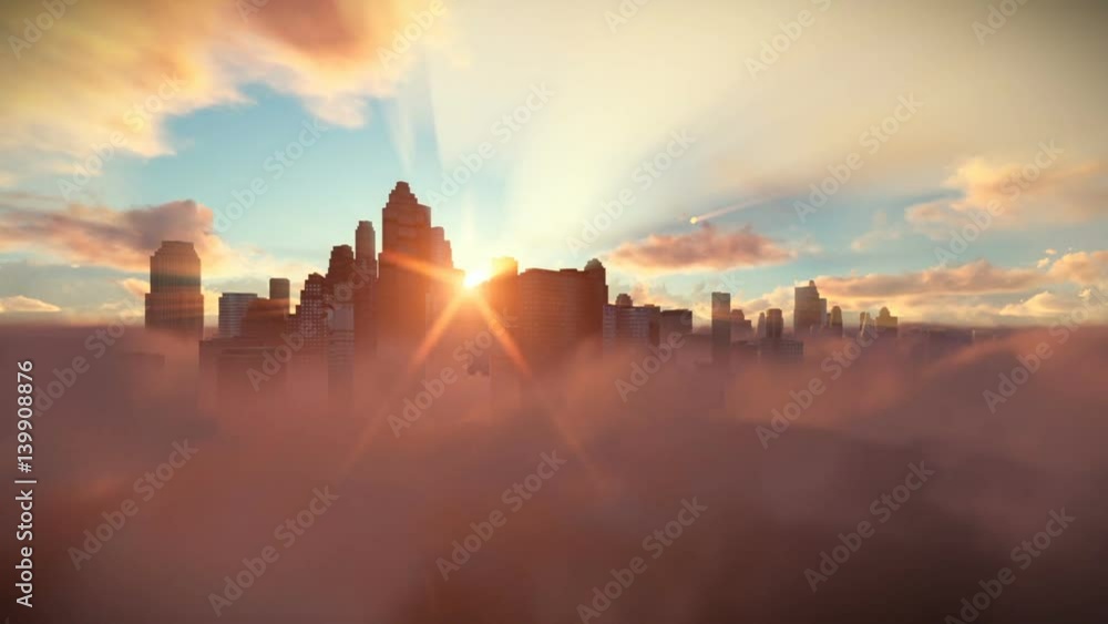 City skyline above timelapse clouds at sunrise