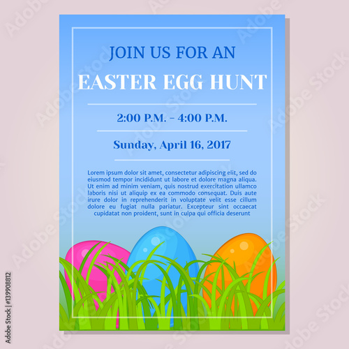 Easter Egg Hunt invitation, flyer, poster or placard template with different eggs in grass in cartoon style. Vector illustration. Holiday Collection.