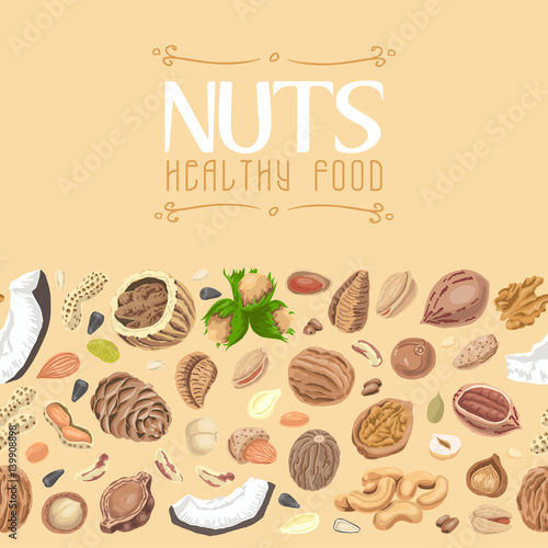 Horizontal seamless background with colored nuts and seeds
