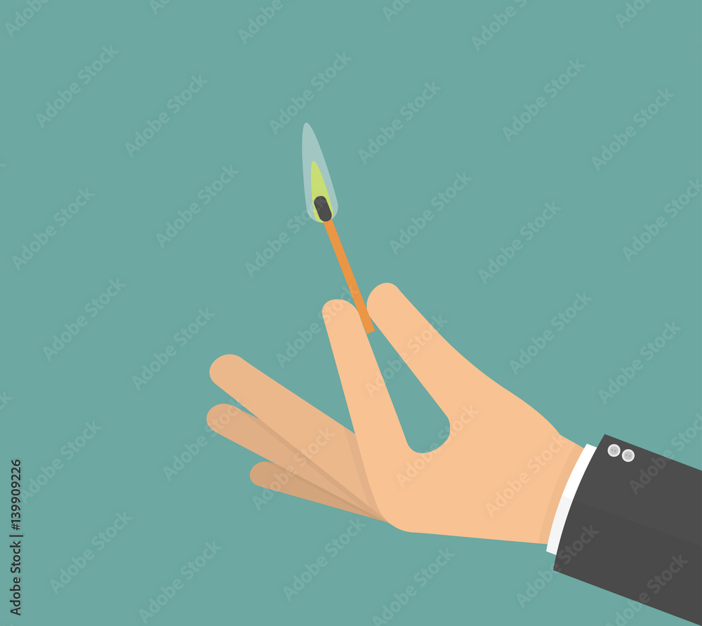 Hand holding burning wooden match stick. Flat design Hand holding burning wooden match stick. Flat design