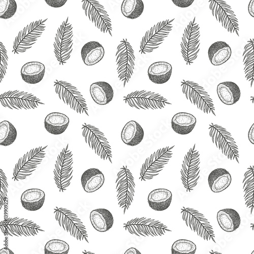 Hand drawn vector seamless pattern or background with coconut. Natural tropical food engraved vintage style illustration. Design for branding package, textile.