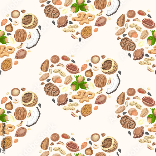 Seamless pattern with colored nuts and seeds