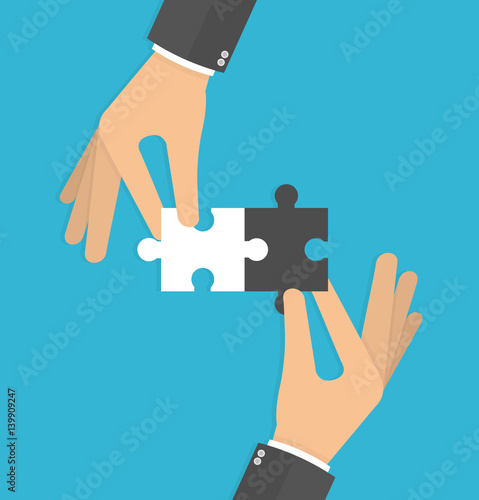 Hands holding connected puzzle pieces together. Business connection and cooperation concept. Flat style