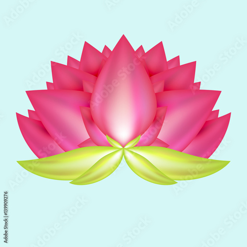 Abstract realistic flower of lotus with light pink petals isolated on blue background. 3d vector illustration.