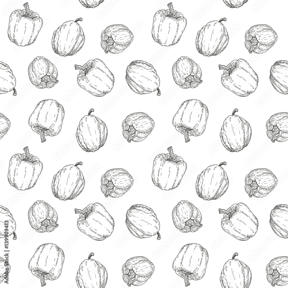 Hand drawn vector seamless pattern or background with sweet peppers. Natural eco food engraved vintage style illustration. Design farm market product. Hand drawn vector seamless pattern or background with sweet peppers. Natural eco food engraved vintage style illustration. Design farm market product.