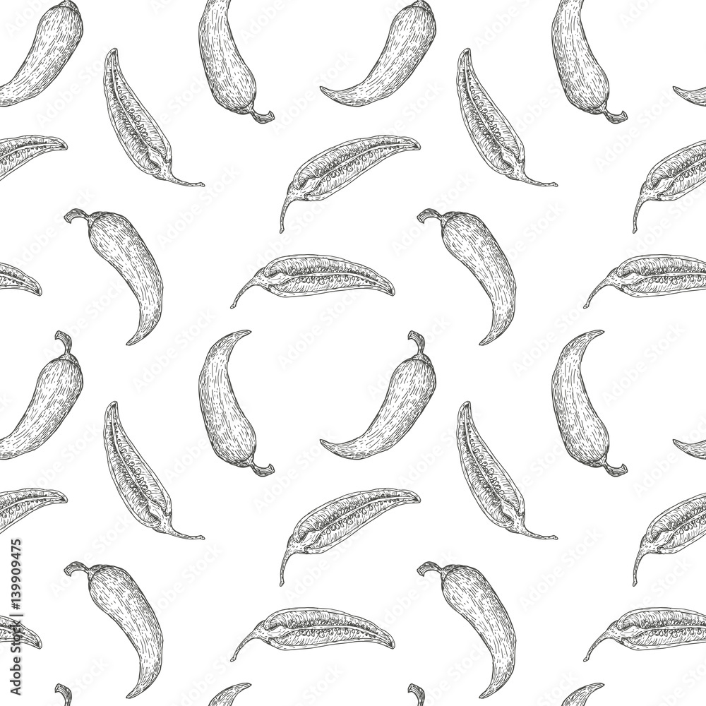Hand drawn vector seamless pattern or background with chili peppers. Natural eco food engraved vintage style illustration. Design farm market product. Hand drawn vector seamless pattern or background with chili peppers. Natural eco food engraved vintage style illustration. Design farm market product.