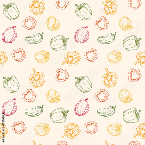 Hand drawn vector seamless pattern or background with sweet peppers. Natural eco food engraved vintage style illustration. Design farm market product.
