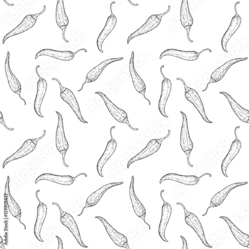 Hand drawn vector seamless pattern or background with chili peppers. Natural eco food engraved vintage style illustration. Design farm market product.