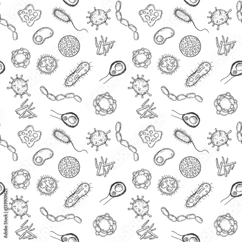 Cartoon seamless pattern virus, cell, bacteria or microbe in hand drawn vintage style. Retro vector illustration.