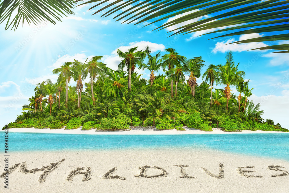 Fototapeta premium Whole tropical island within atoll in tropical Ocean and inscription 
