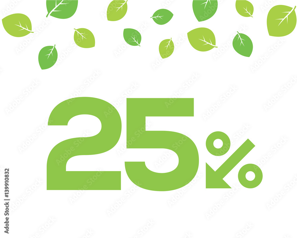 Vector green 25% text designed with an arrow percent icon on white background with leaves. For spring sale campaigns. Vector green 25% text designed with an arrow percent icon on white background with leaves. For spring sale campaigns.