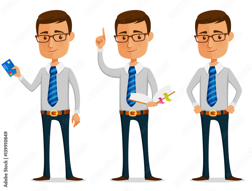 funny cartoon businessman holding a credit card or book
