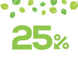 Vector green 25% text designed with an arrow percent icon on white background with leaves. For spring sale campaigns. 