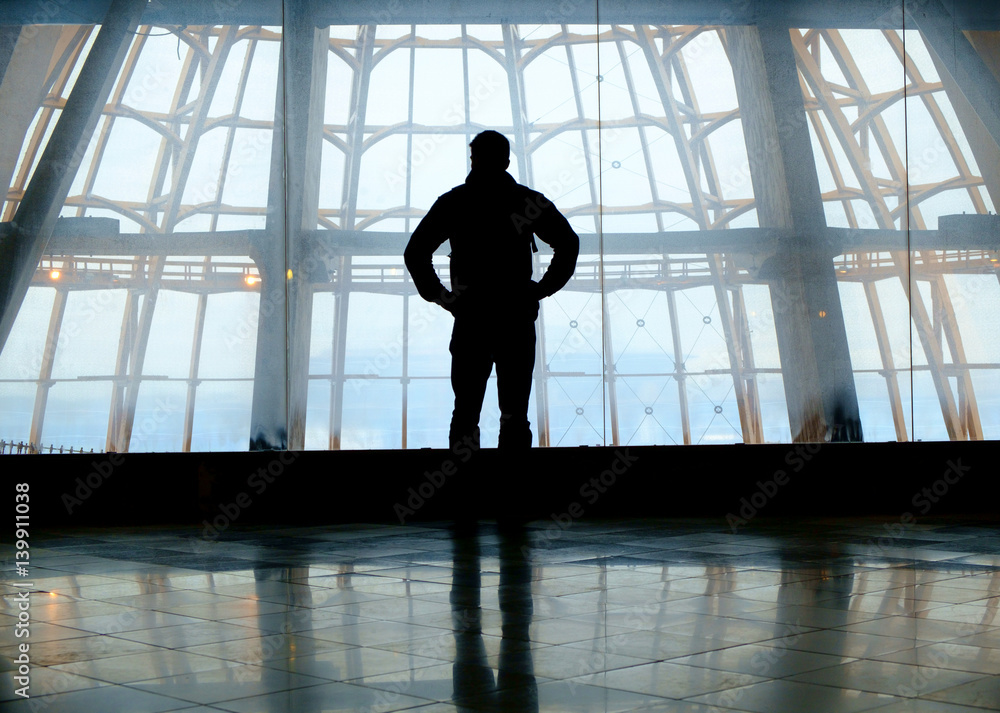 Silhouette of man standing over window Silhouette of man standing over window