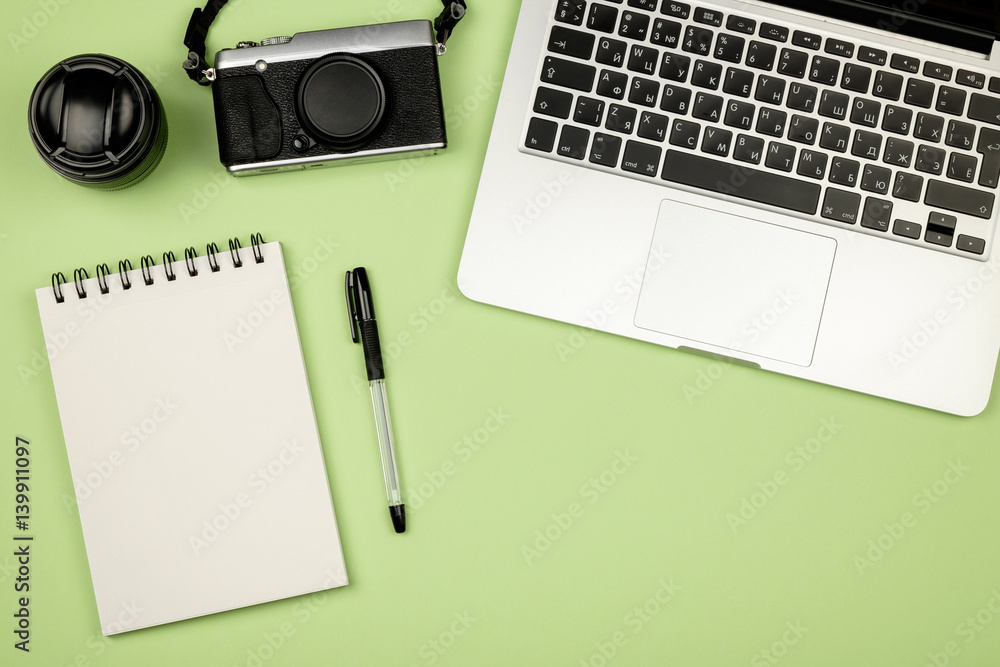 Minimal flat lay style picture of blank notebook page with different objects Minimal flat lay style picture of blank notebook page with different objects
