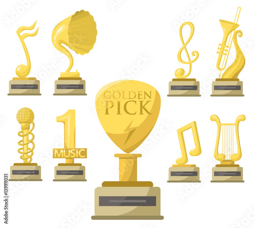 Gold rock star trophy music notes best entertainment win achievement clef and sound shiny golden melody success prize pedestal victory vector illustration.