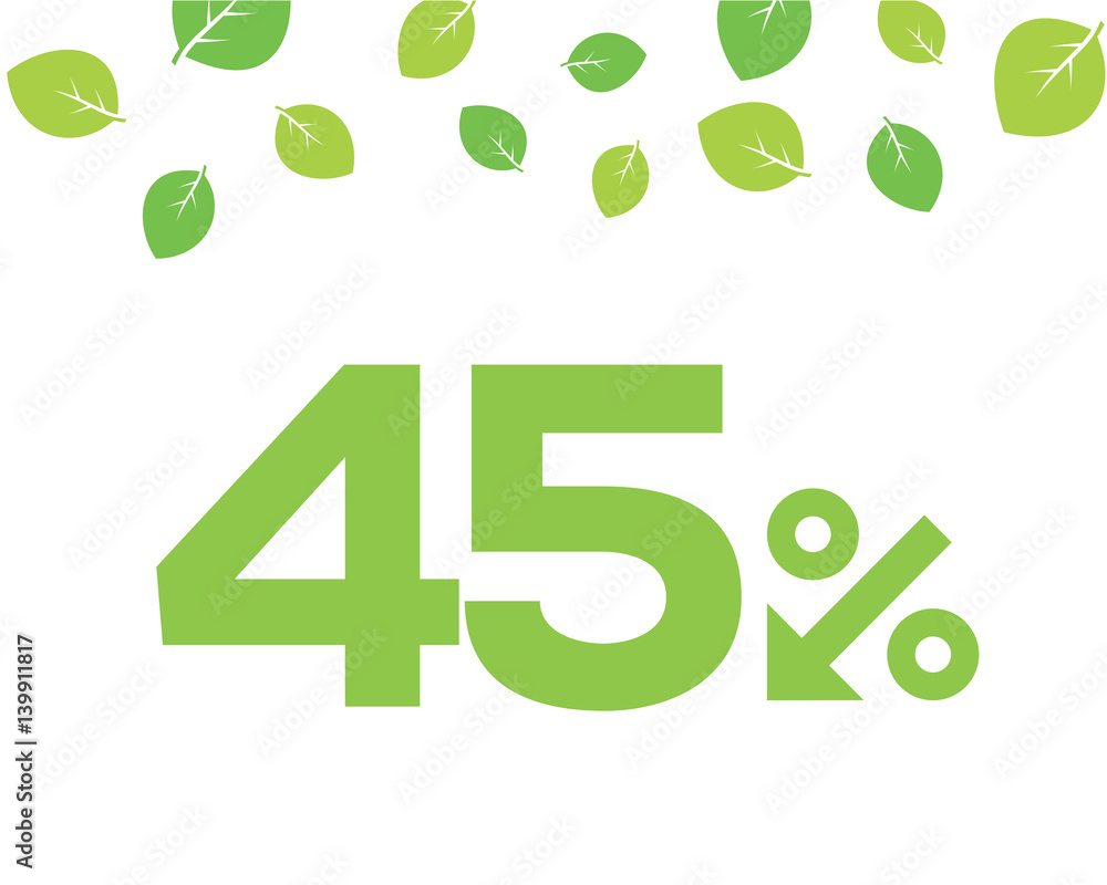 Vector green 45% text designed with an arrow percent icon on white background with leaves. For spring sale campaigns. Vector green 45% text designed with an arrow percent icon on white background with leaves. For spring sale campaigns.