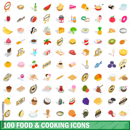Fototapeta Naklejka Na Ścianę i Meble -  100 food and cooking icons set, isometric 3d style