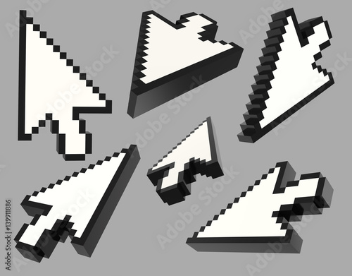 Set of 3d pixel arrow cursor isolated on white. different views
