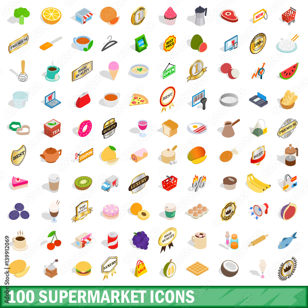 100 supermarket icons set, isometric 3d style 100 supermarket icons set, isometric 3d style