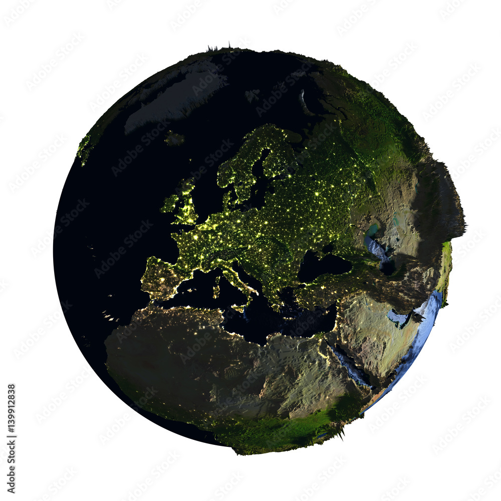 Fototapeta premium Europe on Earth at night isolated on white