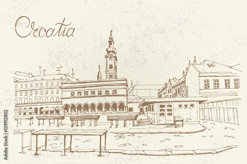 vector sketch of market in Zagreb, Croatia. Retro style.