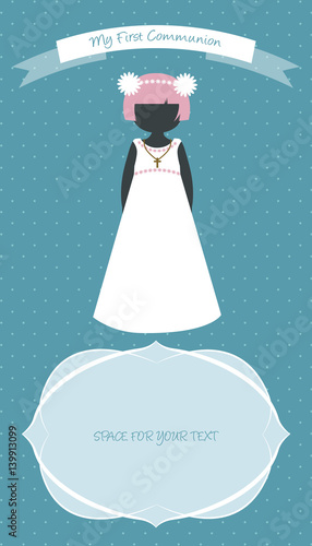 Cute girl wearing white dress. My first communion celebration reminder. Vector Illustration